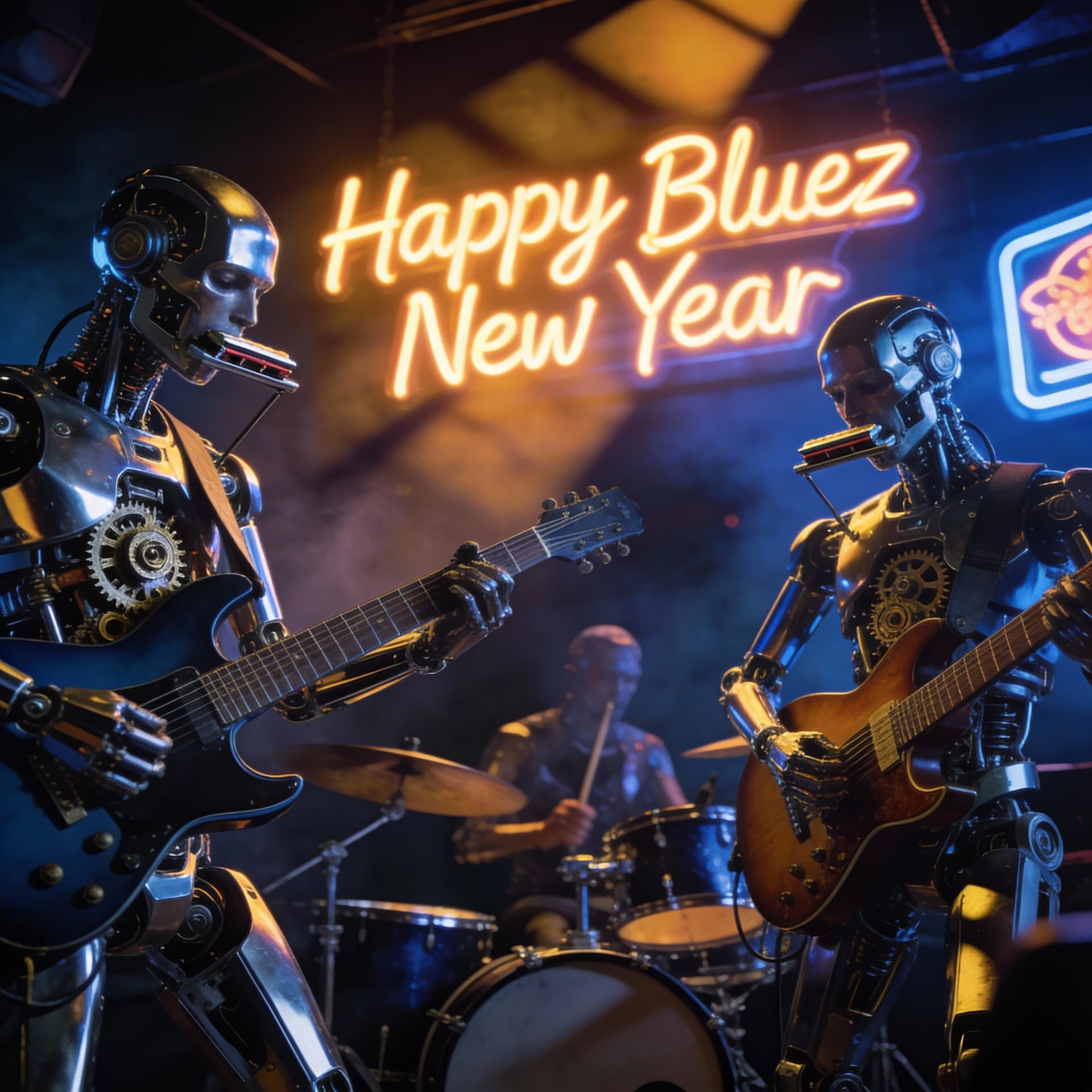 AI generated: A vibrant, high-detail close-up of a futuristic mechanical blues band, featuring humanoid robots wit...
