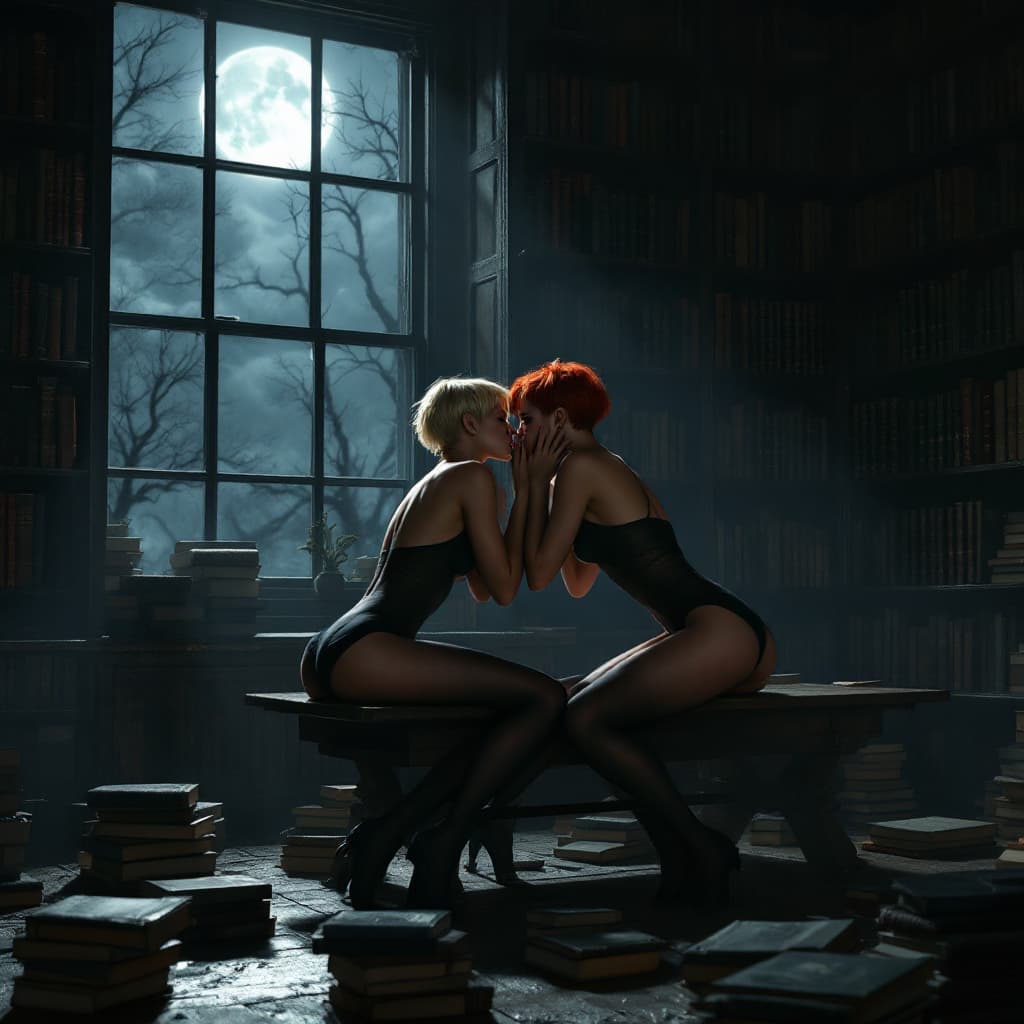 AI generated: Create a detailed, photo-realistic image of a dimly lit library at night. Moonlight streams through ...