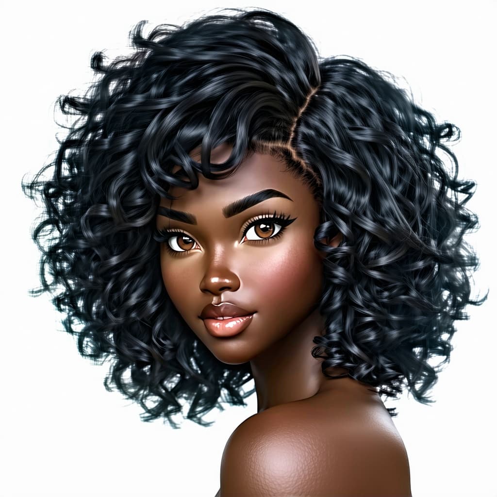 AI generated: un modèle aux cheveux noirs bouclés, dans le style de daz3d, gros plan, brumeux, ondulé, brun, tondo...
