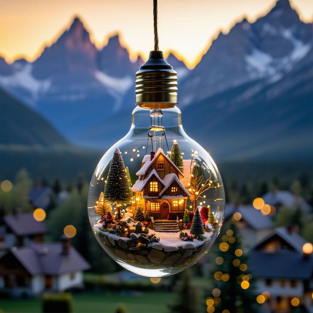 AI generated: Create a captivating image of a clear light bulb hanging in the foreground, with a beautifully detai...