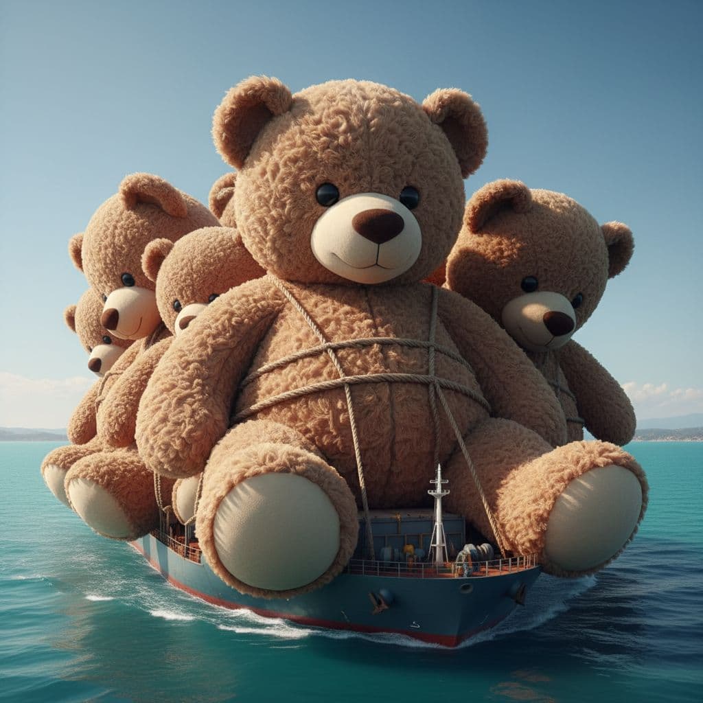 AI generated: Image of ship carrying giant fluffy brown teddy bears tied on top, soft fabric texture, eyes and nos...