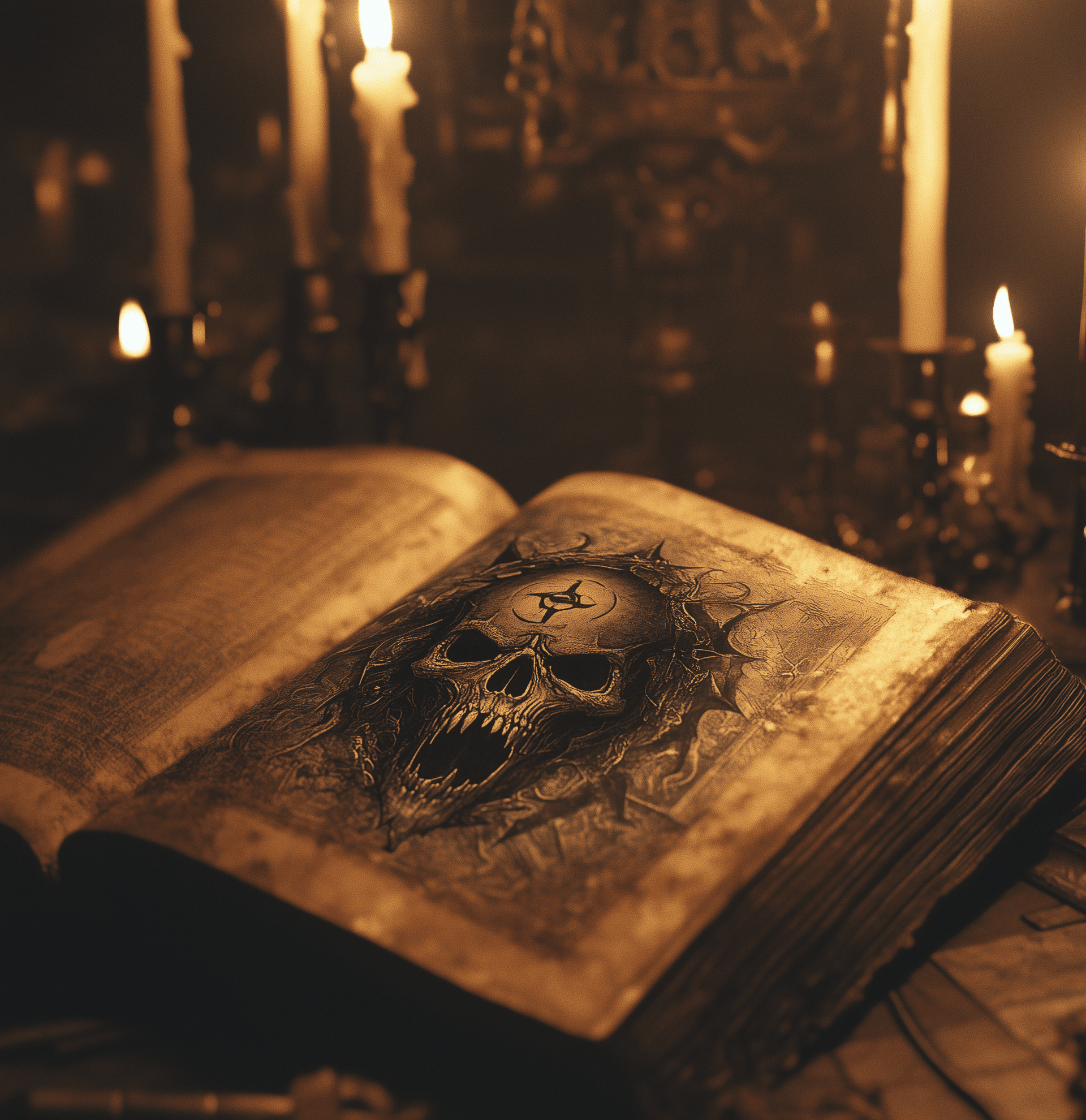 AI generated: A still life photograph of an open book with a devil's skull on the cover, candles in the background...