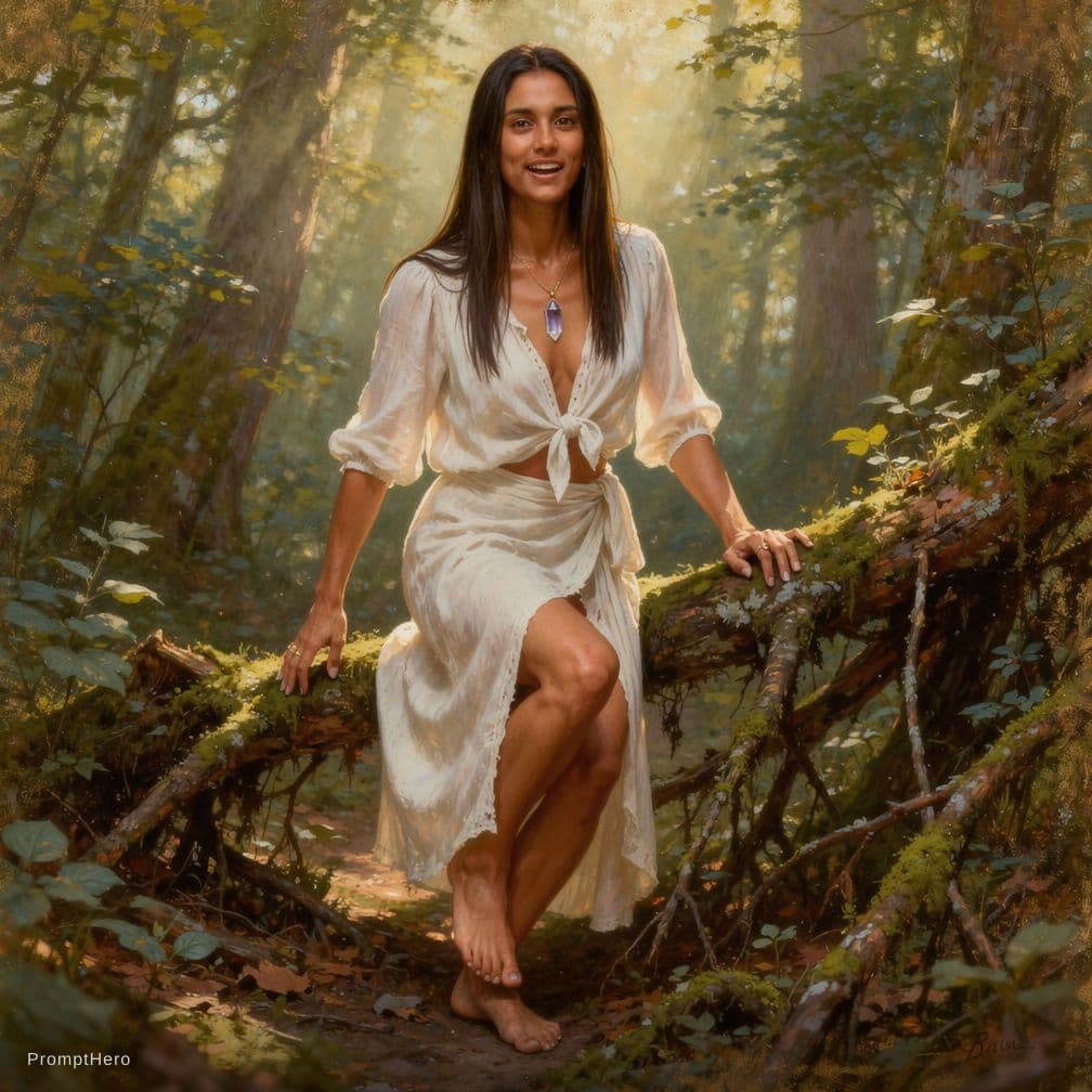 AI generated: A tall, lean brunette with straight hair cascading mid-back, wearing a loosely tied low-cut peasant ...
