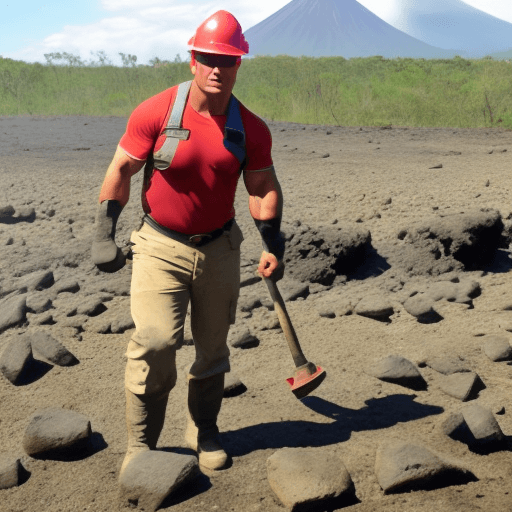 AI generated: Image of a very muscular geologist wearing a hardhat and doing field work and carrying a heavy hamme...