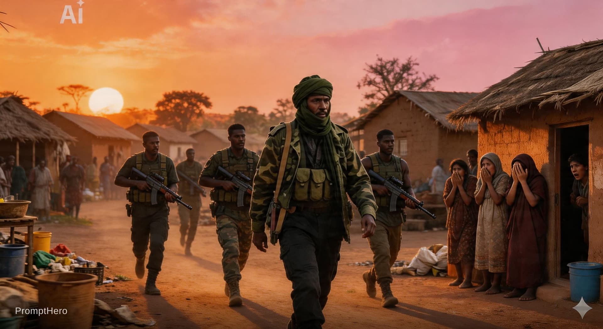 AI generated: dangerous armed man and his gang walking into a quiet rural village at sunset, villagers looking sca...