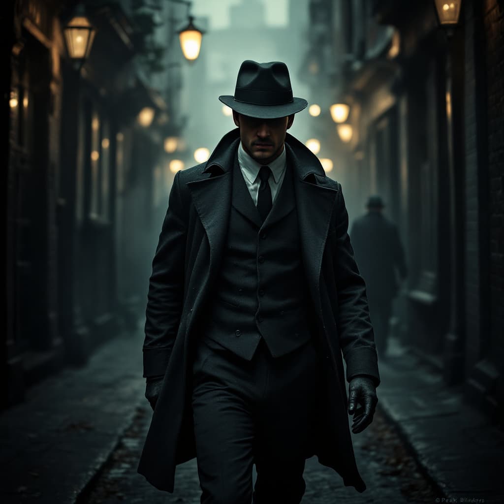 AI generated: (8k, RAW photo, highest quality) , hyperrealistic, Photo of a gang member from Peaky Blinders on a h...