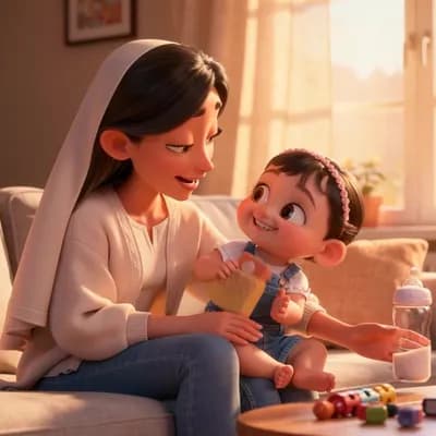 AI generated video: The camera slowly moves through a warm living room. Leila happily plays near her mother. The mother ...