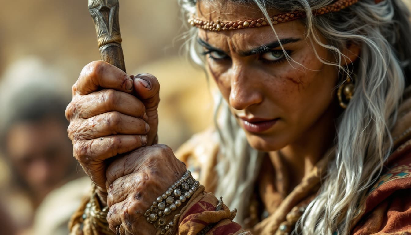 AI generated: hyper realistic .2.	Close-up of Parushat’s hands gripping a spear tightly, old scars visible on her ...