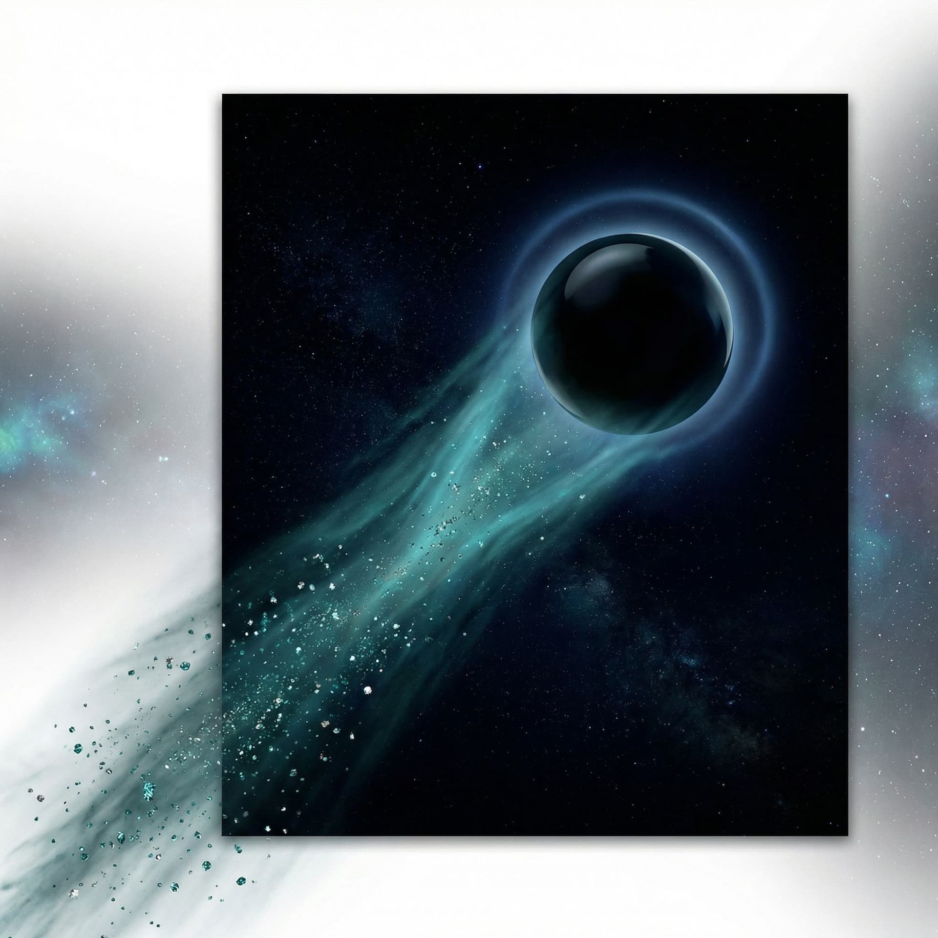 AI generated: a round ball of Obsidian comet that looks like an eclipse with a long Teal tail with teal and silver...