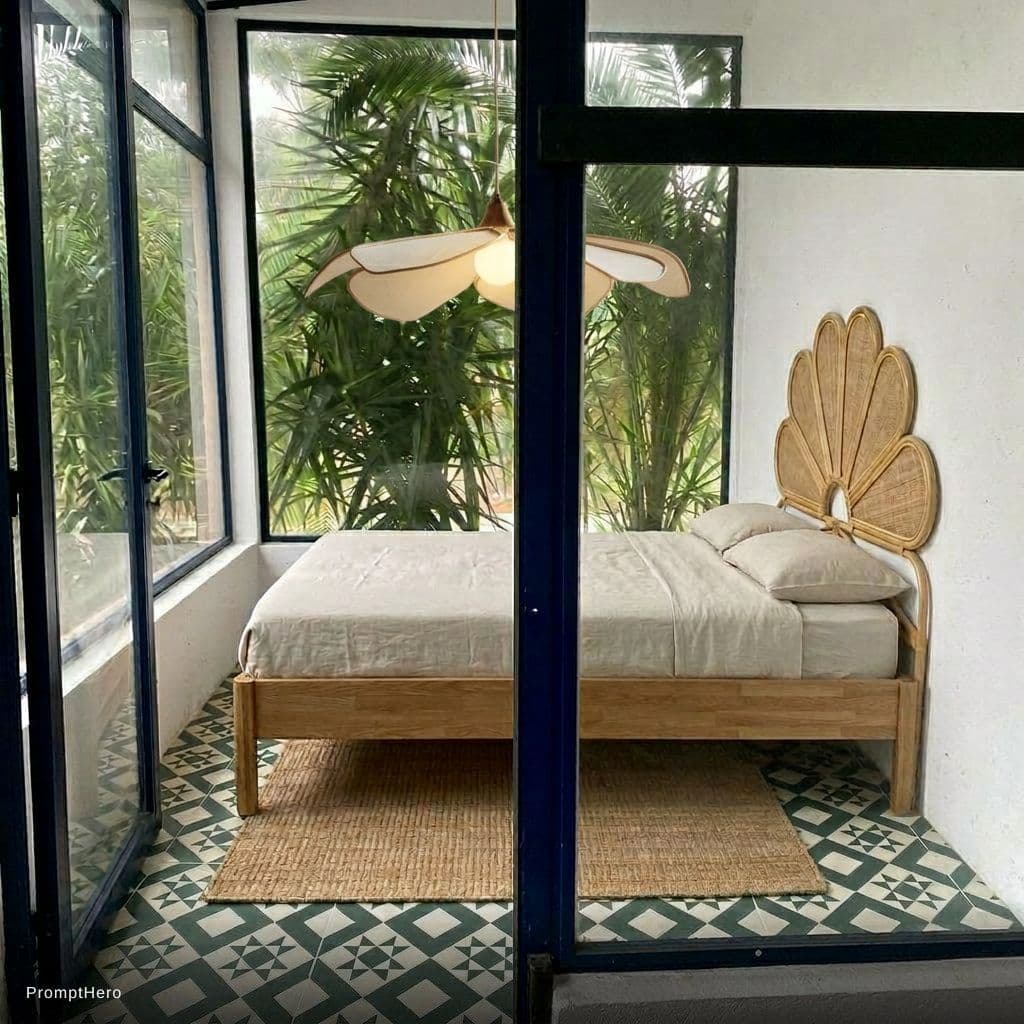 AI generated: Hang this lamp to the centre of the room, small and over the bed, partially covered by the blue stri...