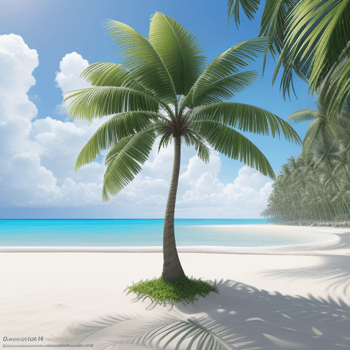 AI generated: Design a high resolution coconut tree in a plain beach, bright summer day, realistic intricate artwo...