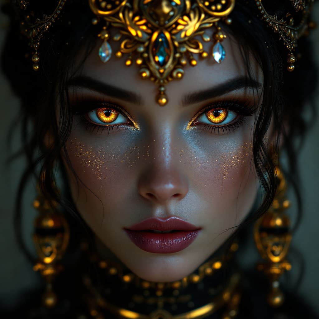 AI generated: The adornment of goddesses is shown in this portrait, in the style of photorealistic fantasies, dark...