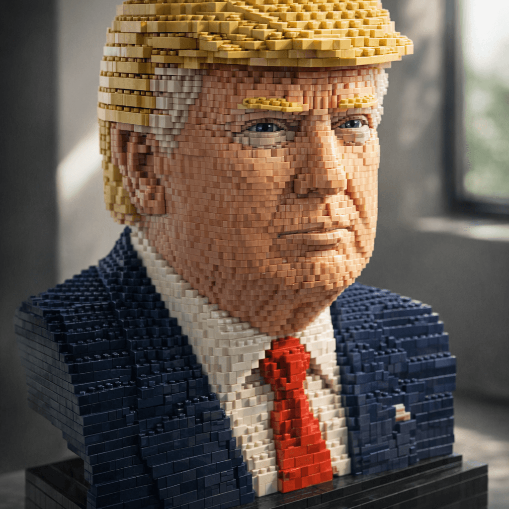 AI generated: Ultra-detailed Lego bust of Donald Trump, built in the classic Lego mosaic sculpture style. The face...