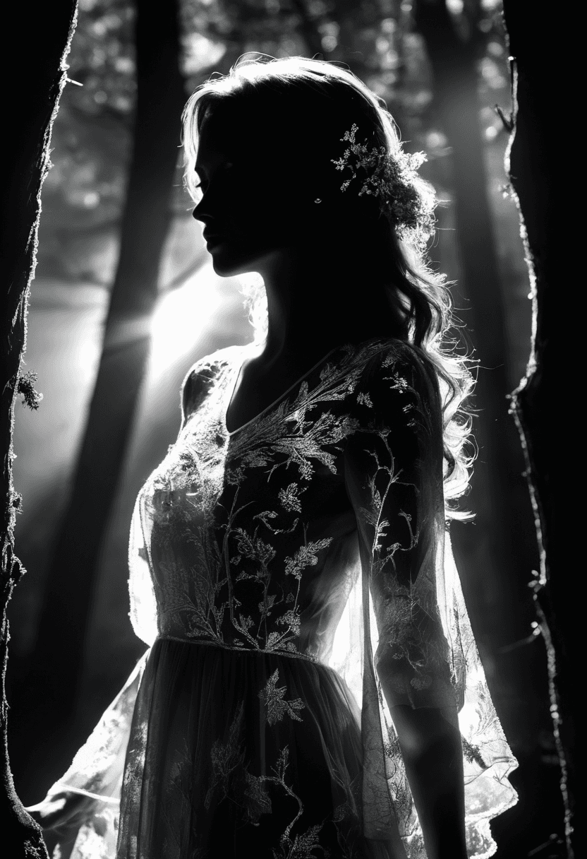 AI generated: silhouette of a woman, from the side, in a dark forest, wearing a loose sheer dress revealing her fi...