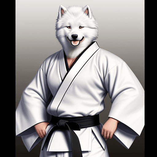 AI generated: drawing of a samoyed dog facing me waering a white kimono and a black belt around his waist without ...