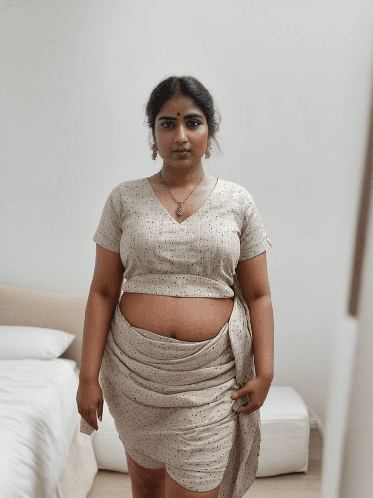AI generated: indian, (flat_chest:1.5), woman, (plump:1.2), camisole, love handles, swollen gut, stomach bulge, ji...