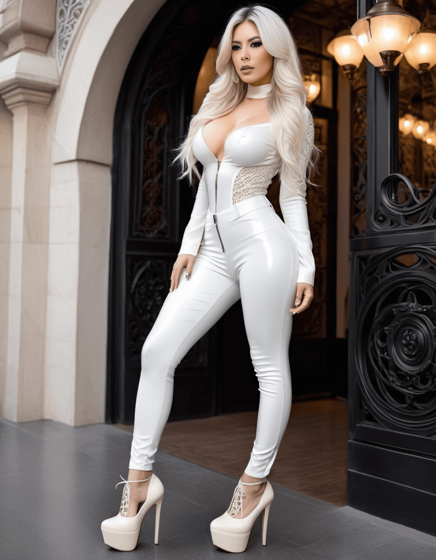 AI generated: NSFW, full body view of a beautiful woman, wearing tight latex pants and platform shoes, long white ...