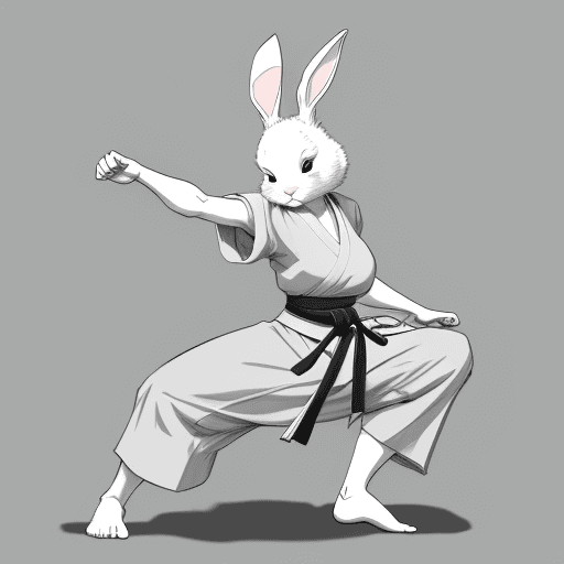 AI generated: sketch, no color, cartoon, line art, 2D, rabbit woman, rabbit legs, monk, martial arts