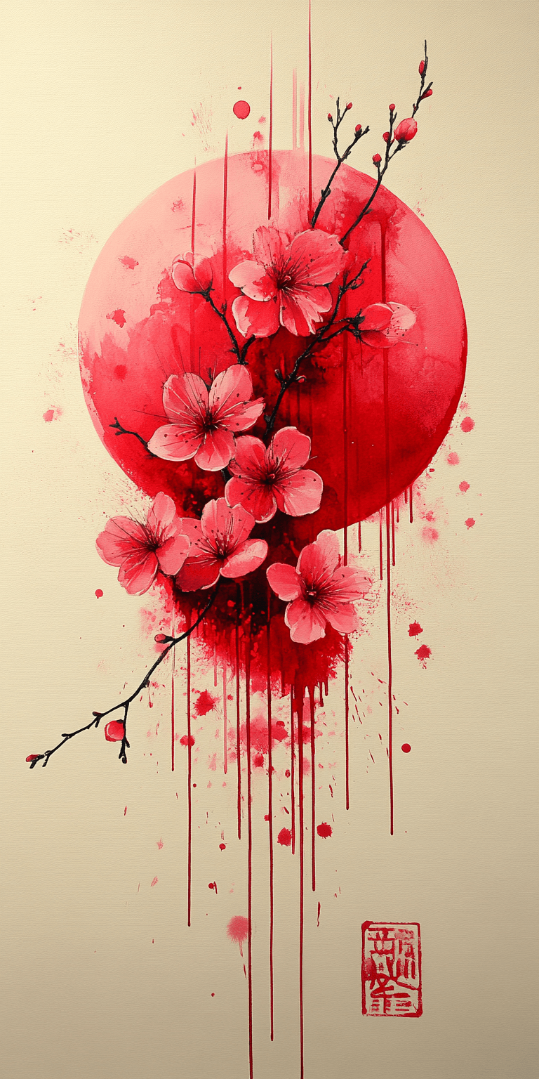 AI generated: Cherry blossoms and the moon in the style of Ukiyo-e, delicate brushwork, ink stamp at the bottom ri...