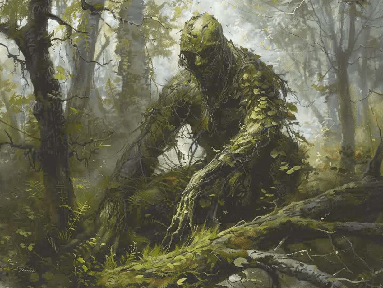 AI generated: D&D painting of an humanoid with greenish skin, covered in moss and vines, crouching behind trees on...