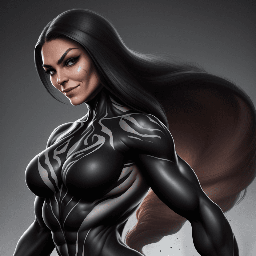 AI generated: 1 bodybuilder woman wearing symbiote with a wide jaw,  young beautiful face, soft face, full body vi...