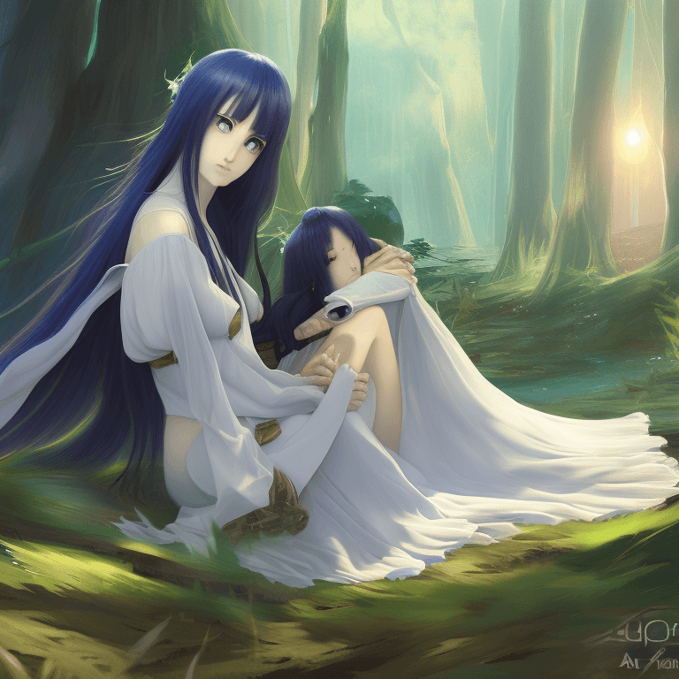 AI generated: 8k. detailed. a boy and a beautiful girl sitting together and hugging in a forest. girl has long bri...