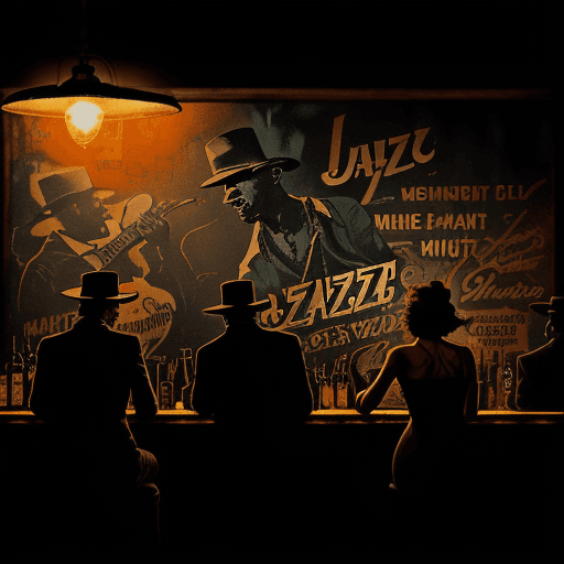 AI generated: A weathered mural depicting a smoky jazz club, lit by flickering lamplight. Blues musicians, silhoue...