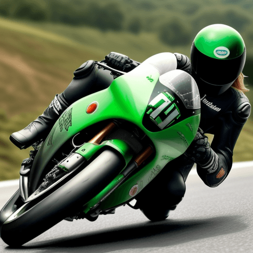 AI generated: o femeie fumoasa motociclist imbracata in verde ,ochii verzi bruneta par lung
