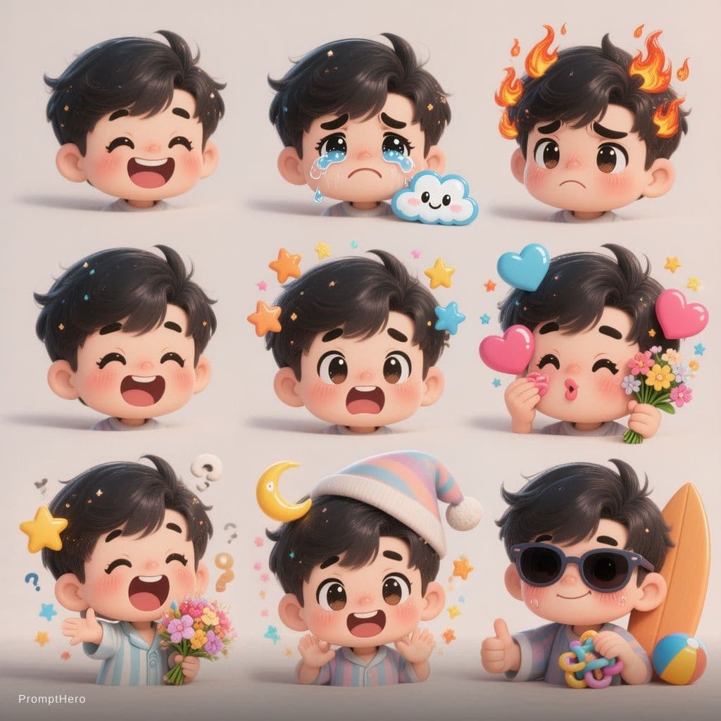 AI generated: **Image Prompt:**
"Create a set of 10 adorable chibi-style emojis featuring a cute boy with glossy b...