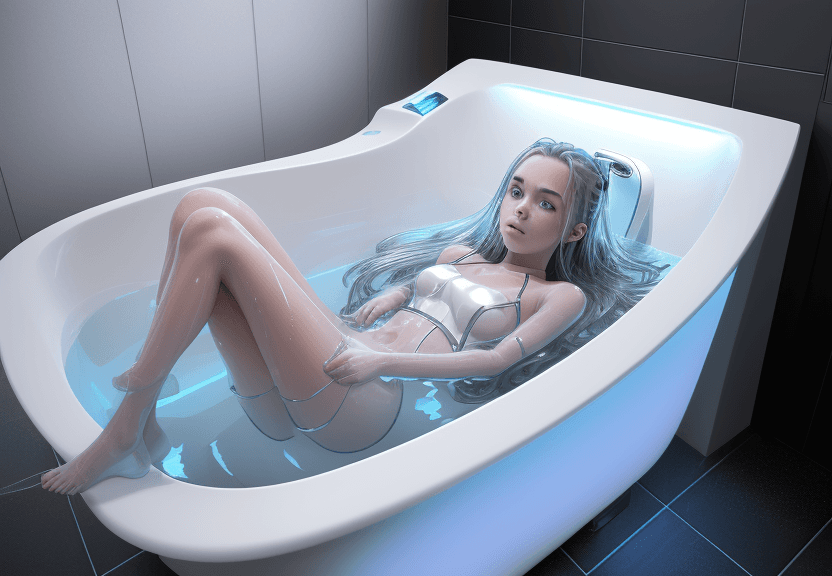 AI generated: (girl LayDown in a bathtub), (futuristic) technology, (cloudy sky), advanced displays and controls, ...