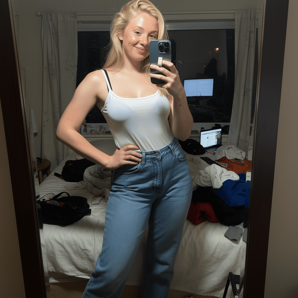 AI generated: Ultra realistic, mirror self shot picture, iPhone 13 Pro, slight camera flash, high quality image, s...