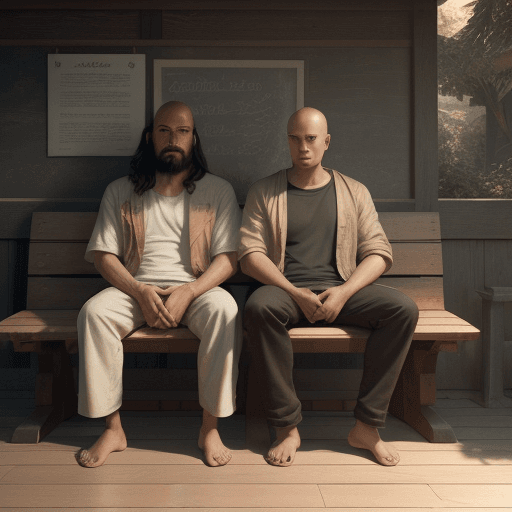 AI generated: An image depicting Jesus Christ and a pilipino young bald man sitting closely to a wooden bench. oct...