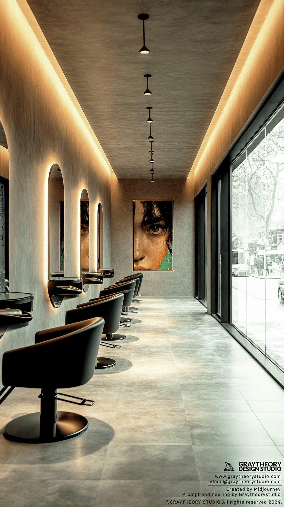 AI generated: Photography a contemporary hair salon, filled natural light on a cloudy morning, warm grey-concrete ...