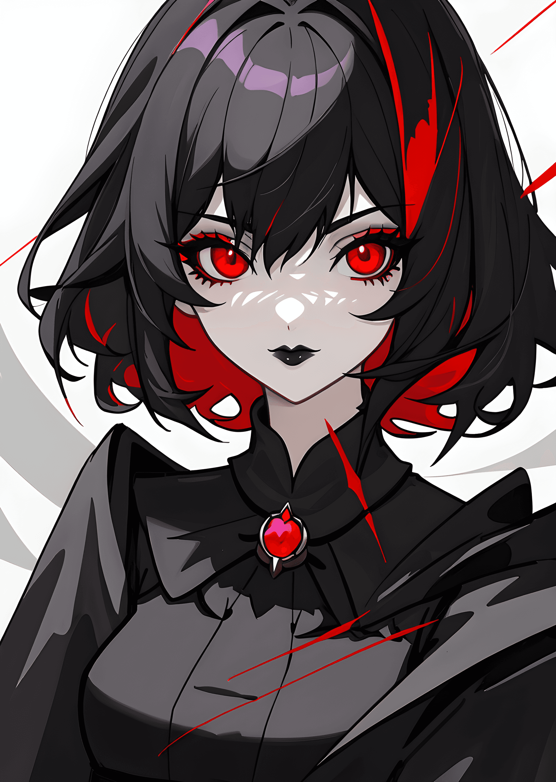 AI generated: upper body, portrait, face focus, 1girl, (red eyes:1.2), black hair, dark gothic fantasy robe, makeu...