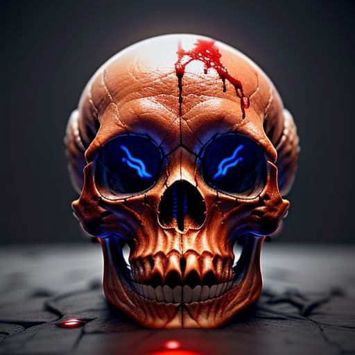 AI generated: an award winning photo of a hyperrealistic alien skull covered in blood and acid, 8k, octane render,...