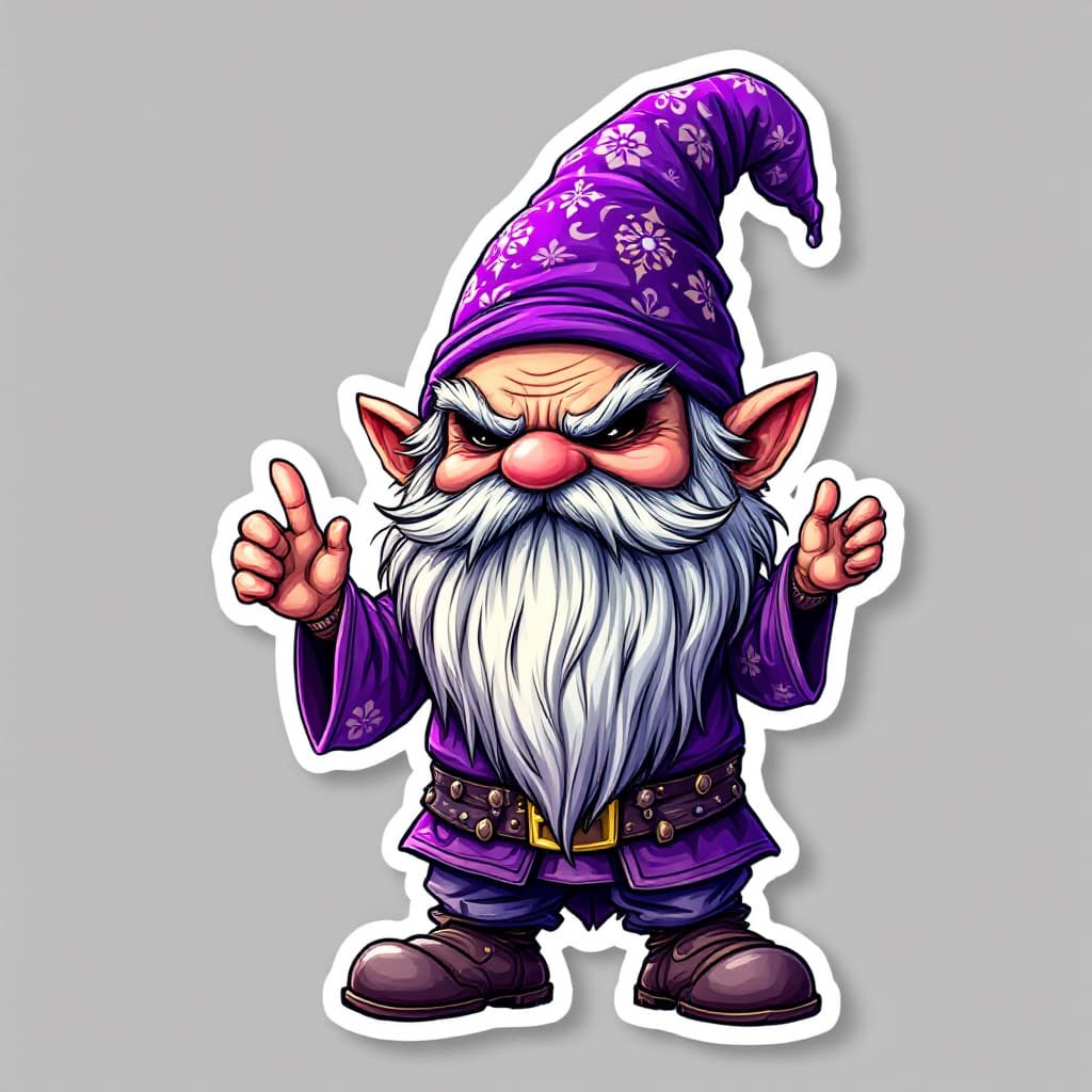 AI generated: A highly detailed full-body cartoon sticker of a whimsical gnome character. The gnome is wearing a v...