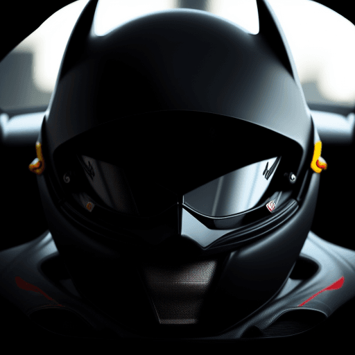 AI generated: Close-up of Formula 1 driver's standard helmet with no batman ears. Use a batman style dark aestheti...