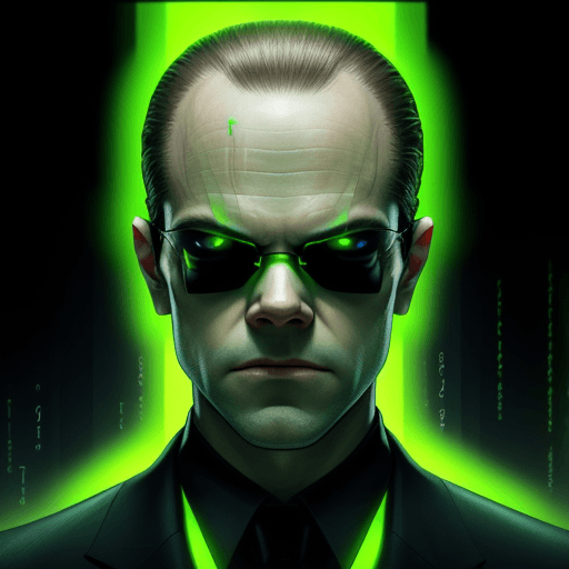 AI generated: Agent Smith from the Matrix, half of his face fading into green glowing code made of 0s and 1s 