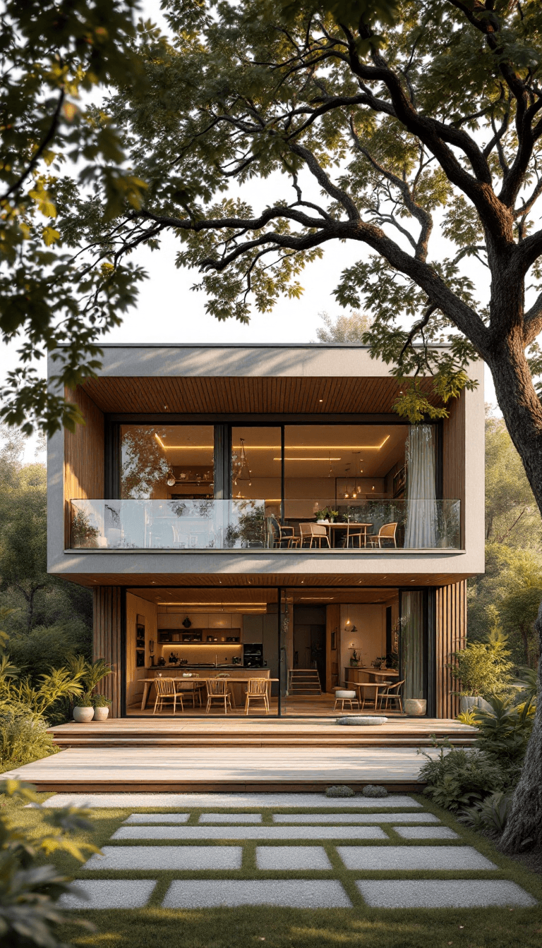 AI generated: A wide-angle shot of a two-story modern cottage house, with the second floor stretching across in wi...
