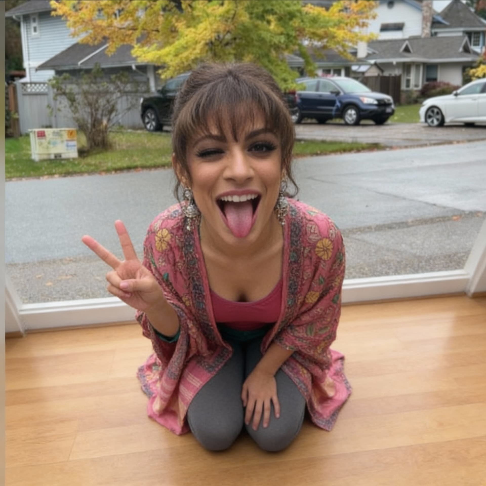 AI generated: Sitting on her knees on the floor, Stick my tongue out with my mouth wide open with my eyes crossed ...