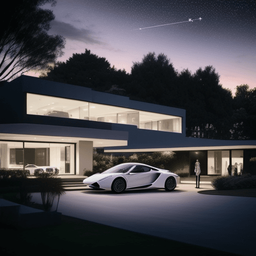 AI generated: Super modern house, futuristic, big, sunset light, the stars and a modern car next to it, a big gard...