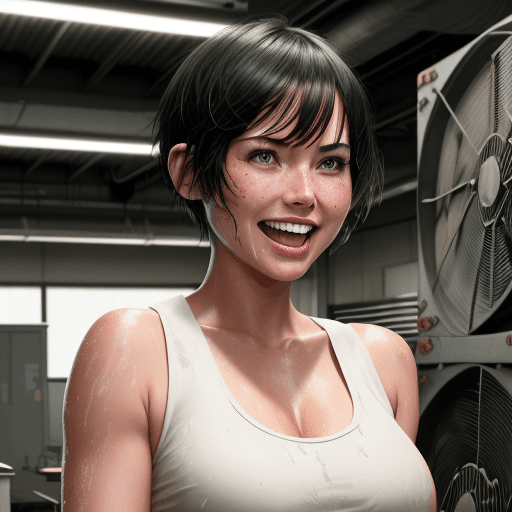 AI generated: ((Olivia Munn)) in a bitcoin mining lab, short hair with bangs, she is laughing, its hot and she is ...