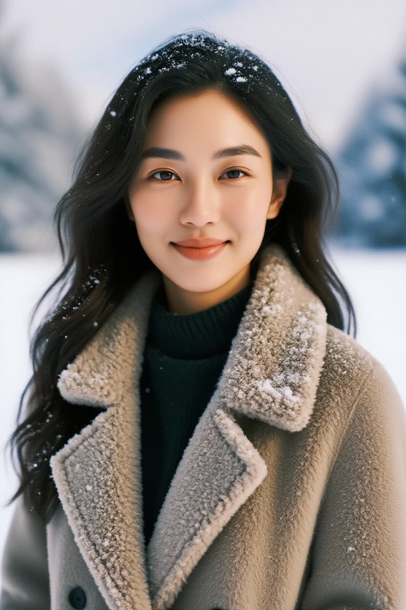 AI generated: Make it so that she is in the middle of the snow, wearing a  coat.