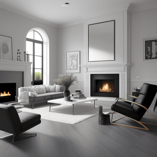AI generated: Living room with grey vinyl flooring, white walls and a fireplace with large black tile.