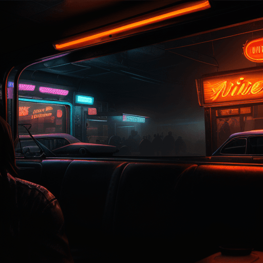 AI generated: Realistic cinematic shot of an American diner at night, orange neon lights on the facade, gloomy atm...