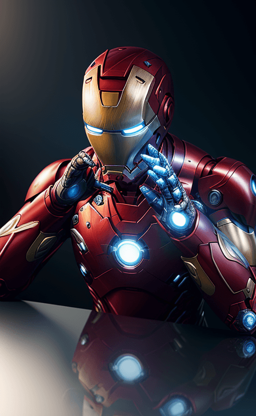AI generated: handphone on the table with the design and character of iron man The handphone is gold and blue dark...