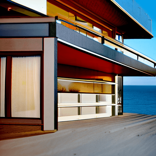 AI generated: Hyper realistic eye level exterior photo of a mid century modern style house overlooking the ocean, ...