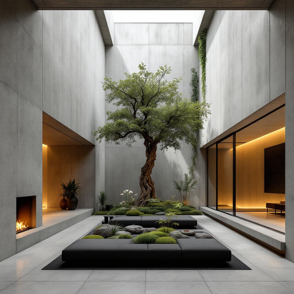 AI generated: A cavernous Brutalist living space, where stark geometric forms contrast with precisely curated burs...