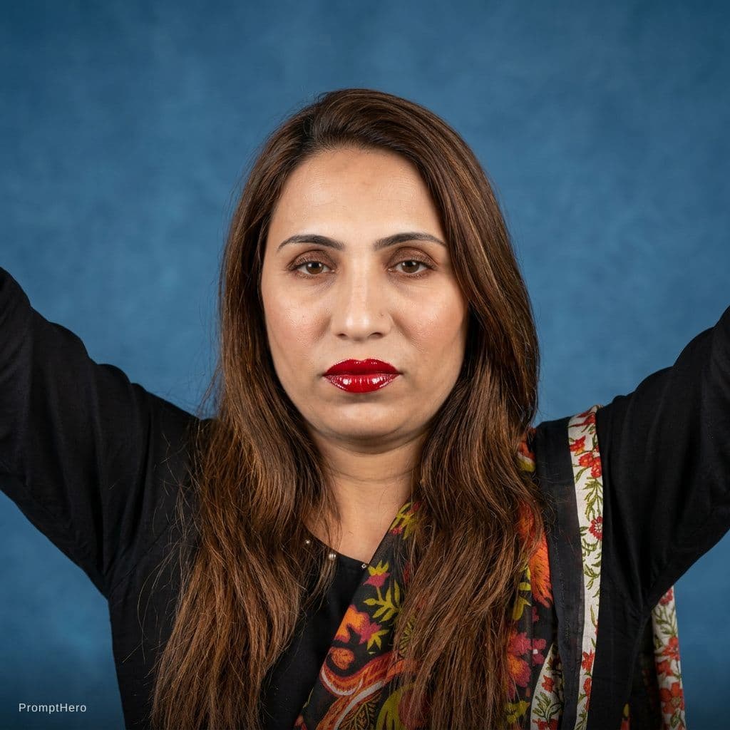 AI generated: 40 year old woman, brown long hair, exactly the same as uploaded image, armpits visible, shining lip...