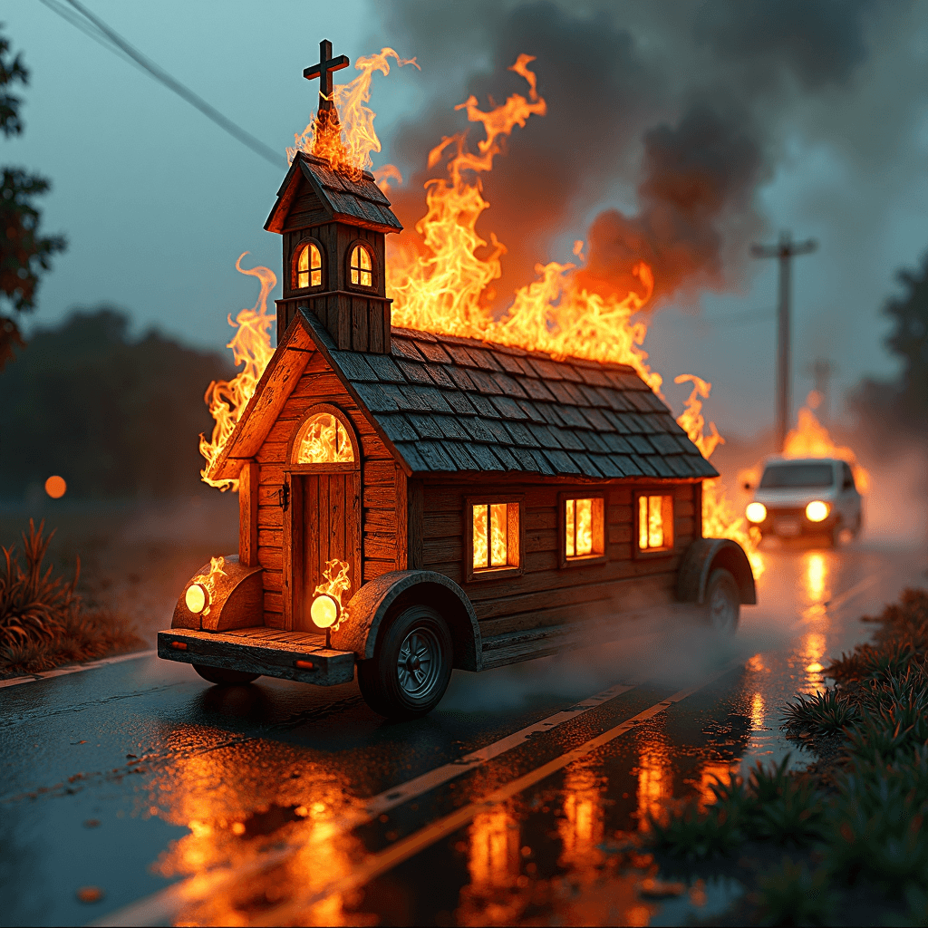 AI generated: 

shaped as a cozy burning in flames wooden church, burning in flames church on a wheels,a car mim...
